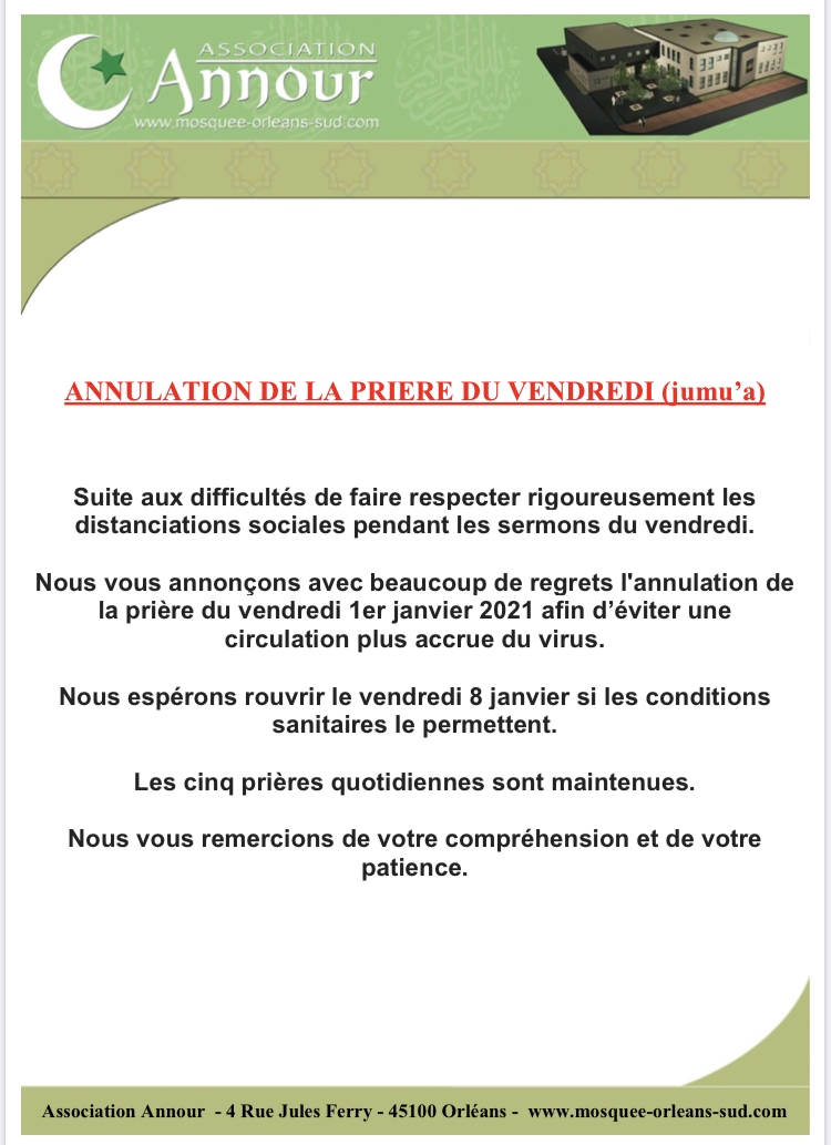 Annulation de la prière du vendredi 1er janvier 2021