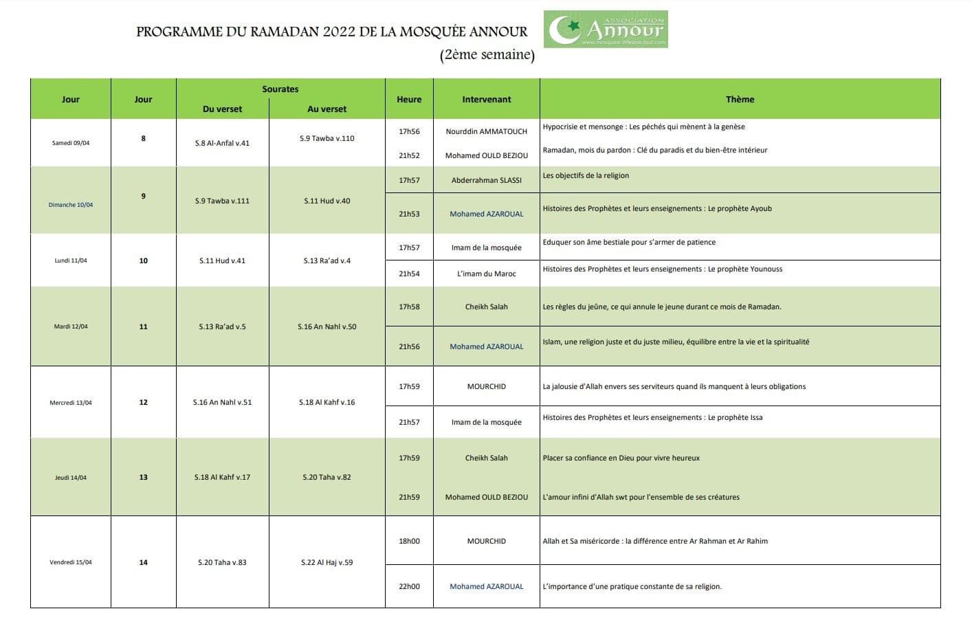 Programme spirituel Ramadan 2022 à la mosquée ANNOUR (2ème semaine)