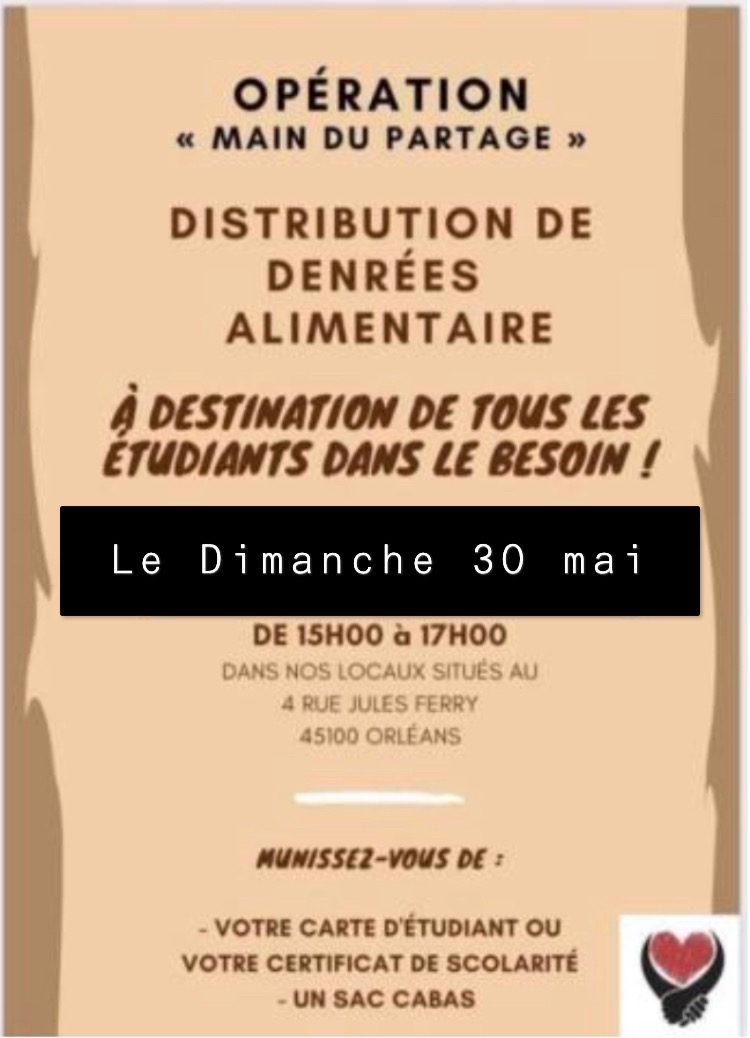 RENOUVELLEMENT DE LA DISTRIBUTION EN FAVEUR DES ÉTUDIANTS (dimanche 30 mai de 15h00 à 17h00) :