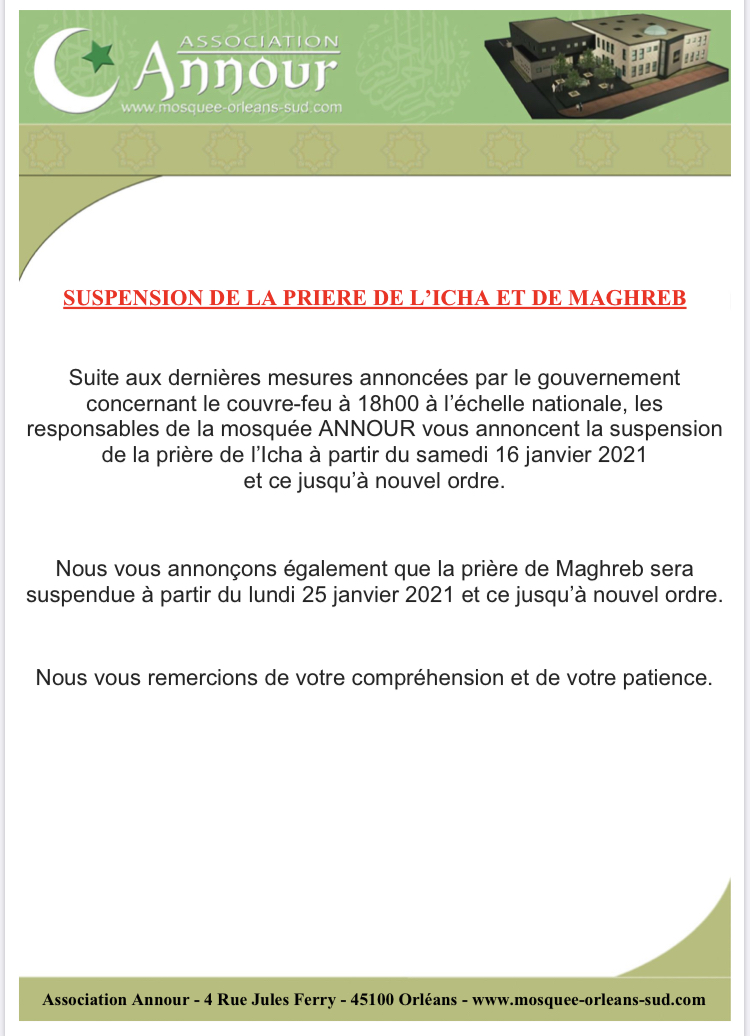 Suspension de la prière de l’Icha et de Maghreb